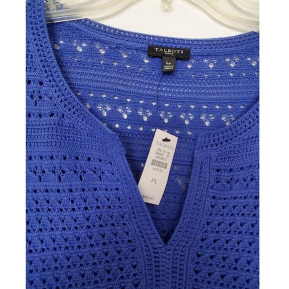 NWT Talbots 3/4 Sleeve Blue Split-Neck Open-Stitch Tunic Sweater - Size PL - Picture 4 of 7